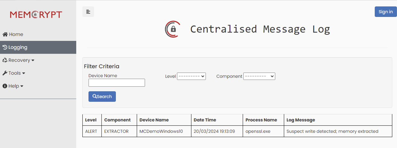 MemCrypt communicates alerts via the management console and via SIEM integration